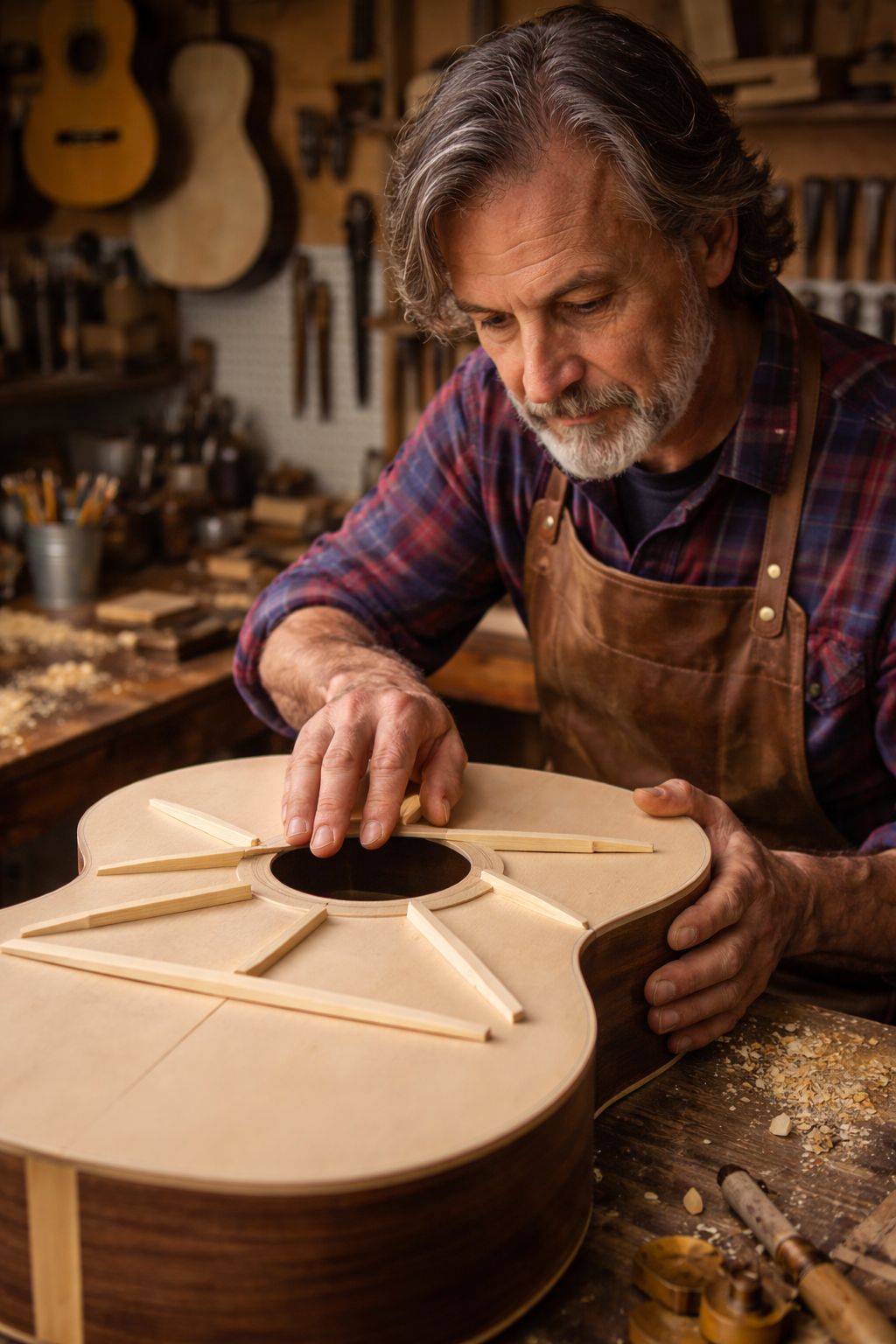 Voicing acoustic guitar top in workshop